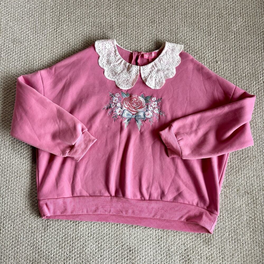 Sugar Thrillz Dolls Kill 2X Pink Lace Collar Sweatshirt Cottagecore Coquette - Picture 2 of 11